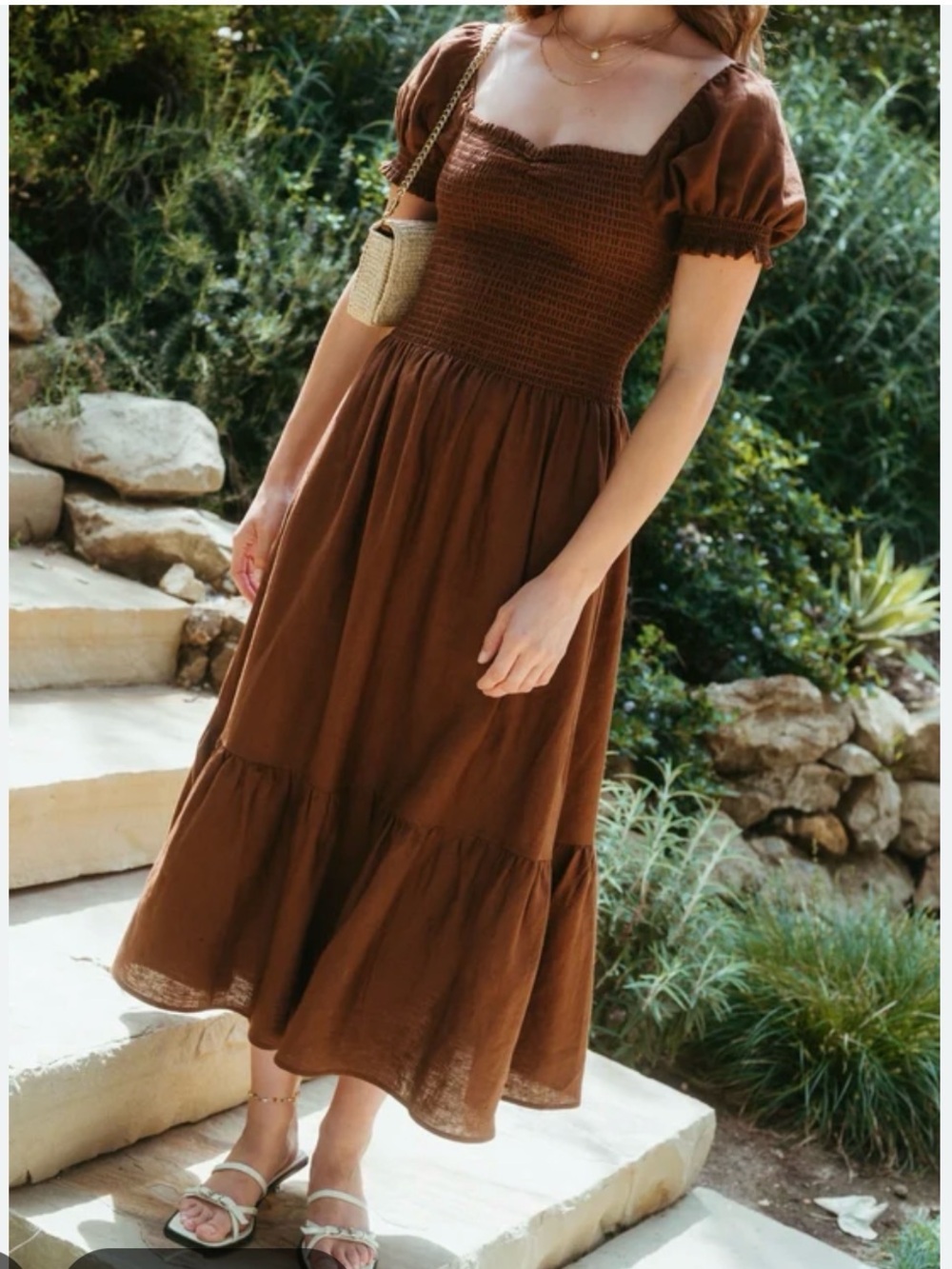Whimsy + Row Harper Linen Smocked Midi Dress in Chocolate | Sz M | NWT
